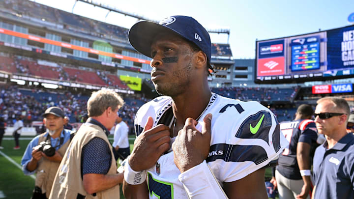 kSep 15, 2024; Foxborough, Massachusetts, USA; Seattle Seahawks quarterback Geno Smith (7) walks off of the field after a game against the New England Patriots at Gillette Stadium. Mandatory Credit: Brian Fluharty-Imagn Images