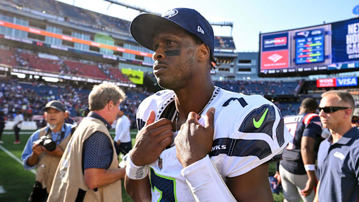 Sep. 15, 2024; Foxborough, Massachusetts, USA; Seattle Seahawks quarterback Geno Smith (7) walks off of the field after a game against the New England Patriots at Gillette Stadium. Mandatory Credit: Brian Fluharty-Imagn Images