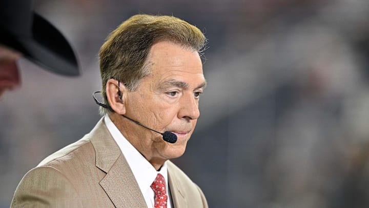 Jan 10, 2025; Arlington, TX, USA; ESPN College Gameday analyst Nick Saban before the game between the Texas Longhorns and the Ohio State Buckeyes. Jan 10, 2025; Arlington, TX, USA; ESPN College Gameday analyst Nick Saban before the game between the Texas Longhorns and the Ohio State Buckeyes.