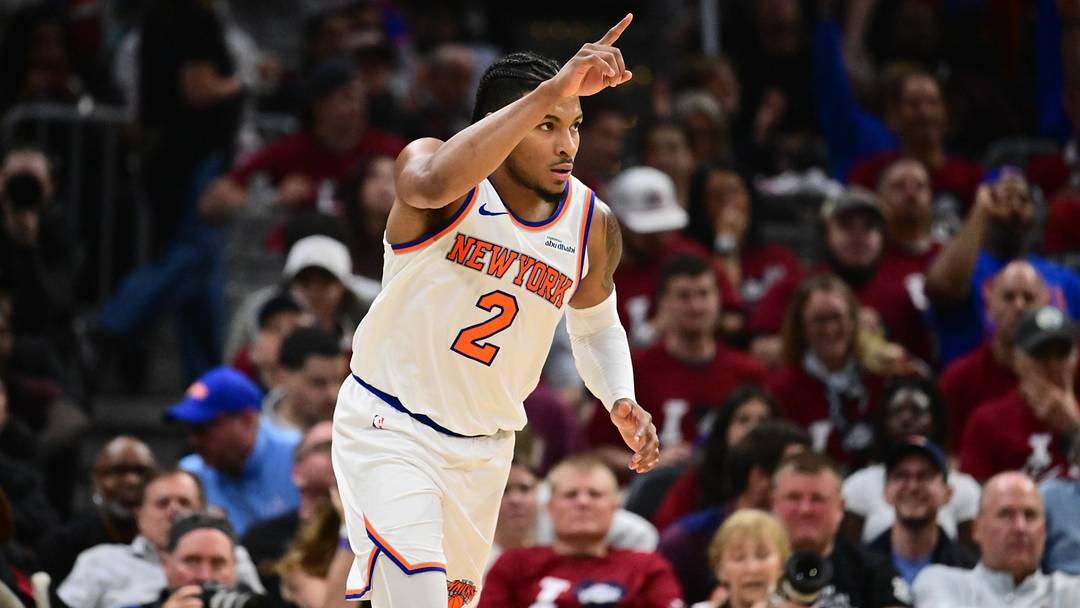 May 25, 2026; Cleveland, Ohio, USA; New York Knicks guard Miles McBride (2) reacts in the fourth quarter against the Cleveland Cavaliers during game four of the eastern conference finals for the 2026 NBA playoffs at Rocket Arena. Mandatory Credit: Ken Blaze-Imagn Images