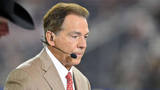  ESPN College Gameday analyst Nick Saban before the game between the Texas Longhorns and the Ohio State Buckeyes