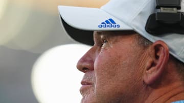 Aug 29, 2024; Kansas City, Kansas, USA; Kansas Jayhawks head coach Lance Leipold looks on during the first half against the Lindenwood Lions at Children's Mercy Park.