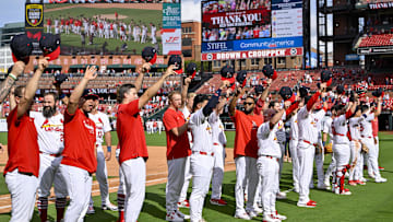 Sep 22, 2024; St. Louis, Missouri, USA;  St. Louis Cardinals salute their fans after their final home game of the season and a victory over the Cleveland Guardians at Busch Stadium. Mandatory Credit: Jeff Curry-Imagn Images
