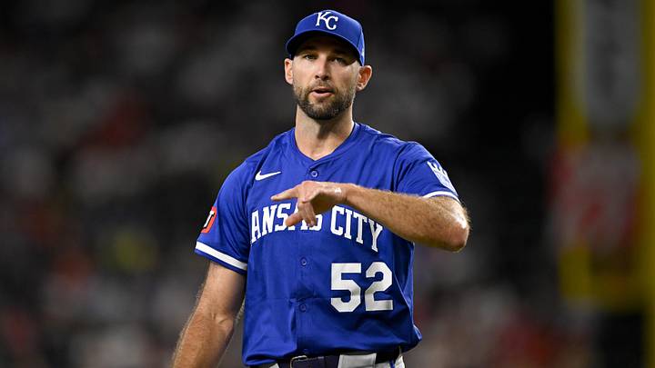 Jun 19, 2025; Arlington, Texas, USA; Kansas City Royals starting pitcher Michael Wacha (52) comes off the field after he pitches against the Texas Rangers during the fourth inning at Globe Life Field. Mandatory Credit: Jerome Miron-Imagn Images