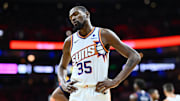 Nov 4, 2023; Philadelphia, Pennsylvania, USA; Phoenix Suns forward Kevin Durant (35) reacts in the fourth quarter against the Philadelphia 76ers at Wells Fargo Center. Mandatory Credit: Kyle Ross-Imagn Images