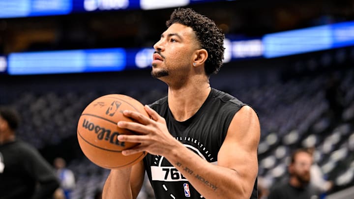 Jan 1, 2026; Dallas, Texas, USA; Philadelphia 76ers guard Quentin Grimes (5) warms up before the game against the Dallas Mavericks at the American Airlines Center. Mandatory Credit: Jerome Miron-Imagn Images