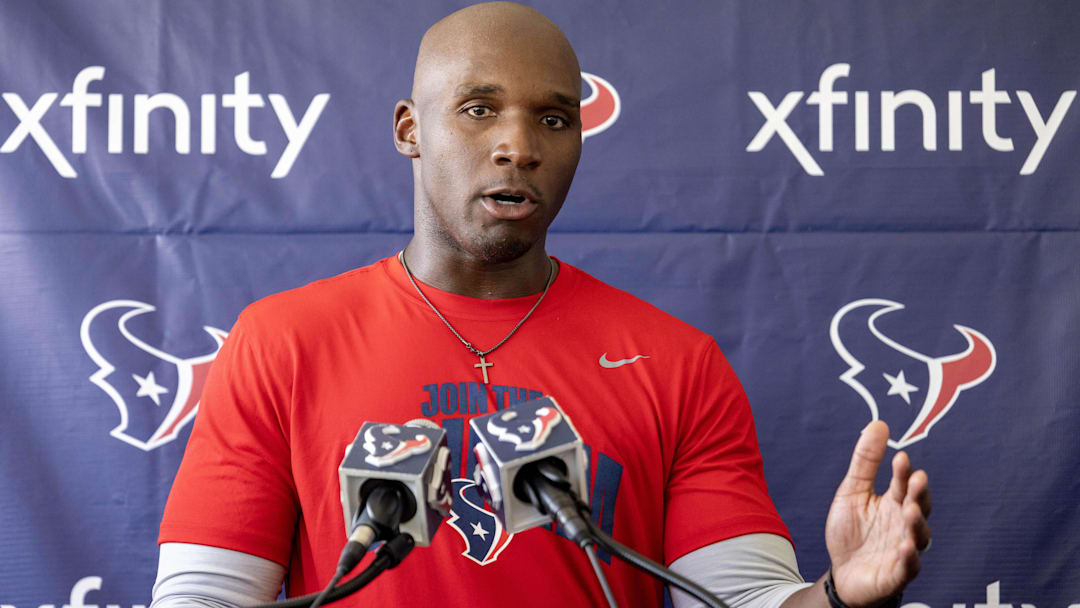 Houston Texans head coach DeMeco Ryans talks to the media after training camp practice at the Houston Methodist Training Center.
