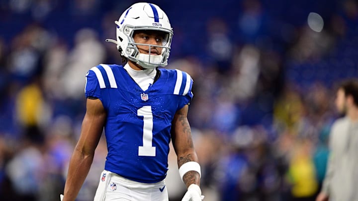 Oct 29, 2023; Indianapolis, Indiana, USA; Indianapolis Colts wide receiver Josh Downs (1) warms up before the game against the New Orleans Saints at Lucas Oil Stadium. Mandatory Credit: Marc Lebryk-Imagn Images