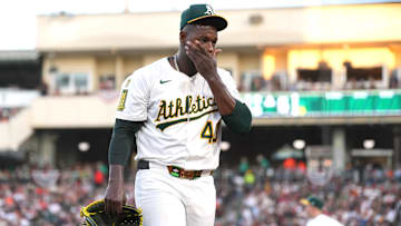 Jul 5, 2025; West Sacramento, California, USA; Athletics pitcher Luis Severino (40) walks to the dugout after being removed from the game during the fifth inning against the San Francisco Giants at Sutter Health Park. Mandatory Credit: Darren Yamashita-Imagn Images