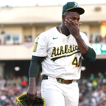 Jul 5, 2025; West Sacramento, California, USA; Athletics pitcher Luis Severino (40) walks to the dugout after being removed from the game during the fifth inning against the San Francisco Giants at Sutter Health Park. Mandatory Credit: Darren Yamashita-Imagn Images