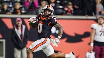 Oct 18, 2025; Corvallis, Oregon, USA; Oregon State Beavers running back Anthony Hankerson (0) runs the ball for a touchdown during the fourth quarter against the Lafayette Leopards at Reser Stadium. Mandatory Credit: Craig Strobeck-Imagn Images