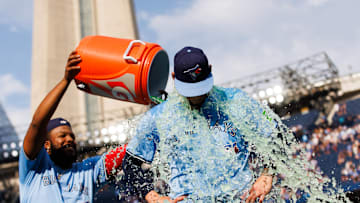 Vladimir Guerrero Jr. pouring gatorade on Bowden Francis after a 3-1 victory against the Los Angeles Angels on August 24th