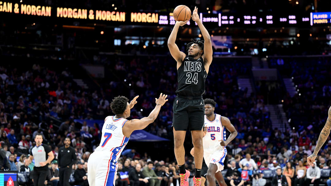 Nets' star, Cam Thomas, shooting over 76ers' guard Kyle Lowry