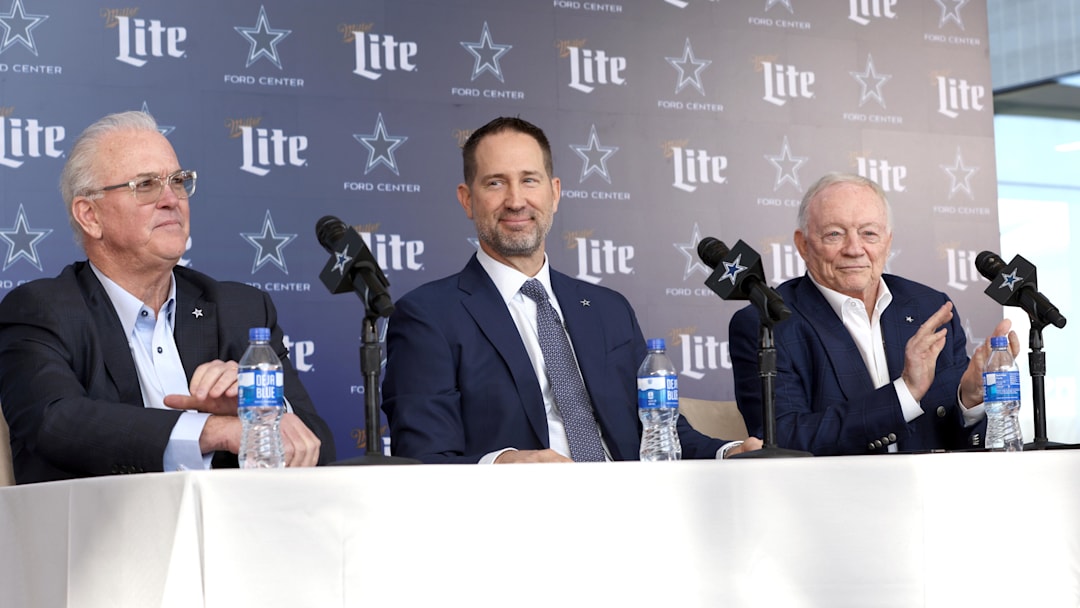 Jan 27, 2025; Frisco, TX, USA;   (L to R) Dallas Cowboys CEO Stephen Jones, head coach Brian Schottenheimer and owner Jerry Jones speak to the media at a press conference at the Star.  Mandatory Credit: Tim Heitman-Imagn Images