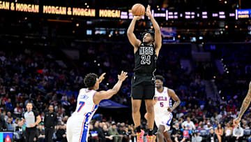 Nets' star, Cam Thomas, shooting over 76ers' guard Kyle Lowry