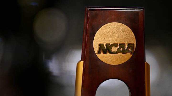 A view of the NCAA logo and trophy before the 2025 Women's National Gymnastics Championship at Dickies Arena. A view of the NCAA logo and trophy before the 2025 Women's National Gymnastics Championship at Dickies Arena.