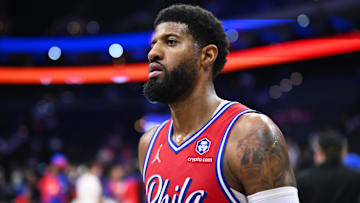 Dec 6, 2024; Philadelphia, Pennsylvania, USA; Philadelphia 76ers forward Paul George (8) looks on after the game against the Orlando Magic at Wells Fargo Center. Mandatory Credit: Kyle Ross-Imagn Images