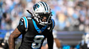 Nov 9, 2025; Charlotte, North Carolina, USA; Carolina Panthers cornerback Jaycee Horn (8) before the game at Bank of America Stadium. Mandatory Credit: Bob Donnan-Imagn Images