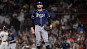 Jul 10, 2025; Boston, Massachusetts, USA; Tampa Bay Rays relief pitcher Bryan Baker (47) looks on from the mound during the seventh inning against the Boston Red Sox at Fenway Park.
