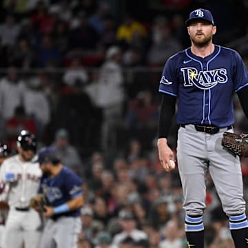 Jul 10, 2025; Boston, Massachusetts, USA; Tampa Bay Rays relief pitcher Bryan Baker (47) looks on from the mound during the seventh inning against the Boston Red Sox at Fenway Park.