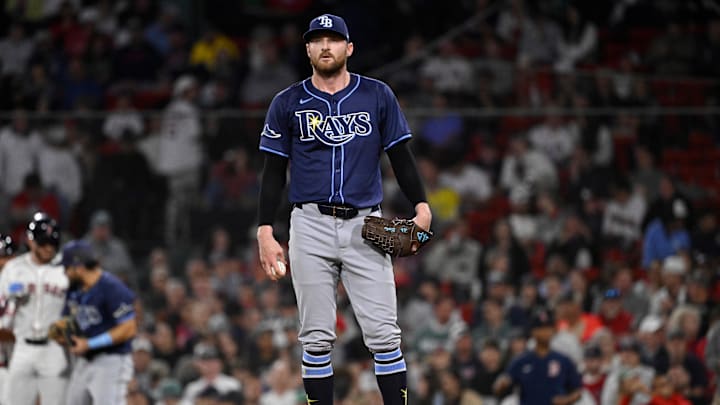 Jul 10, 2025; Boston, Massachusetts, USA; Tampa Bay Rays relief pitcher Bryan Baker (47) looks on from the mound during the seventh inning against the Boston Red Sox at Fenway Park. Jul 10, 2025; Boston, Massachusetts, USA; Tampa Bay Rays relief pitcher Bryan Baker (47) looks on from the mound during the seventh inning against the Boston Red Sox at Fenway Park.