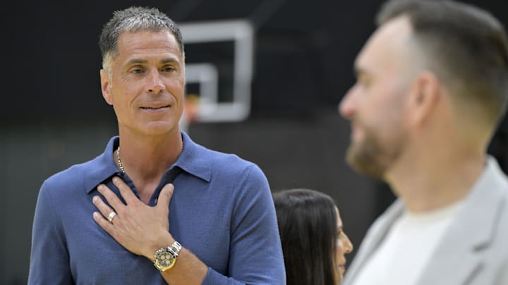 Aug 2, 2025; El Segundo, CA, USA; Los Angeles Lakers general manager Rob Pelinka attends a press conference for guard Luka Doncic (77) announcing the signing of a 3-year, $165 million contract extension at UCLA Health Training Center. Mandatory Credit: Jayne Kamin-Oncea-Imagn Images