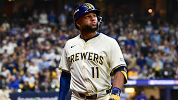 Oct 14, 2025; Milwaukee, Wisconsin, USA; Milwaukee Brewers right fielder Jackson Chourio (11) reacts to striking out against the Los Angeles Dodgers in the fifth inning during game two of the NLCS round for the 2025 MLB playoffs at American Family Field.