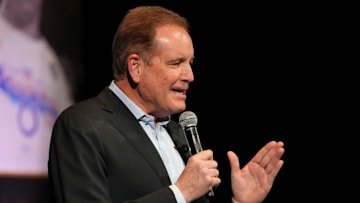 Broadcaster Jim Nantz introduces players during the “Night of Champions” at the Murat Theatre at the Old National Centre. The event featured a panel discussion of players and coaches from the Indianapolis Colts team that won Super Bowl XLI.
