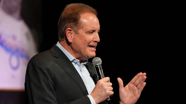 Broadcaster Jim Nantz introduces players during the Indianapolis Colts' “Night of Champions” at the Murat Theatre