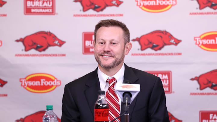 Dec 4, 2025; Fayetteville, AR, USA; Arkansas Razorbacks head coach Ryan Silverfield during his introductory press conference at Frank Broyles Center. Mandatory  Credit: Nelson Chenault-Imagn Images