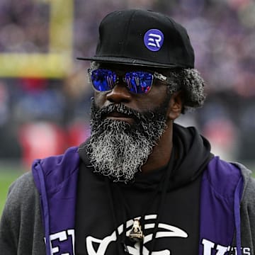 Jan 28, 2024; Baltimore, Maryland, USA; Former Baltimore Ravens Ed Reed looks on from the sidelines prior to the Ravens' game against the Kansas City Chiefs in the AFC Championship football game at M&T Bank Stadium. Mandatory Credit: Tommy Gilligan-Imagn Images
