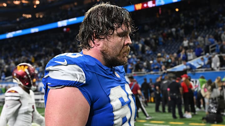 Jan 18, 2025; Detroit, Michigan, USA; Detroit Lions offensive lineman Graham Glasgow (60) walks off the field after the loss to Washington Commanders in a 2025 NFC divisional round game at Ford Field. Mandatory Credit: Lon Horwedel-Imagn Images