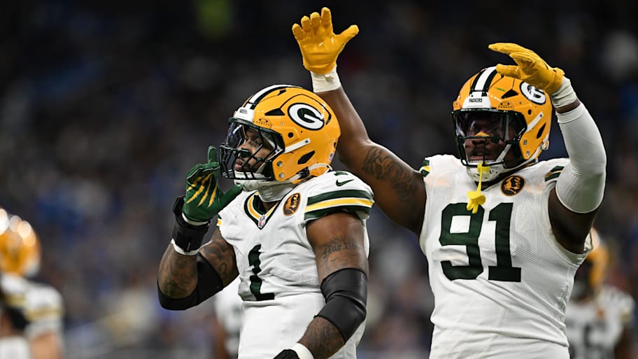 Green Bay Packers defensive end Micah Parsons celebrates.