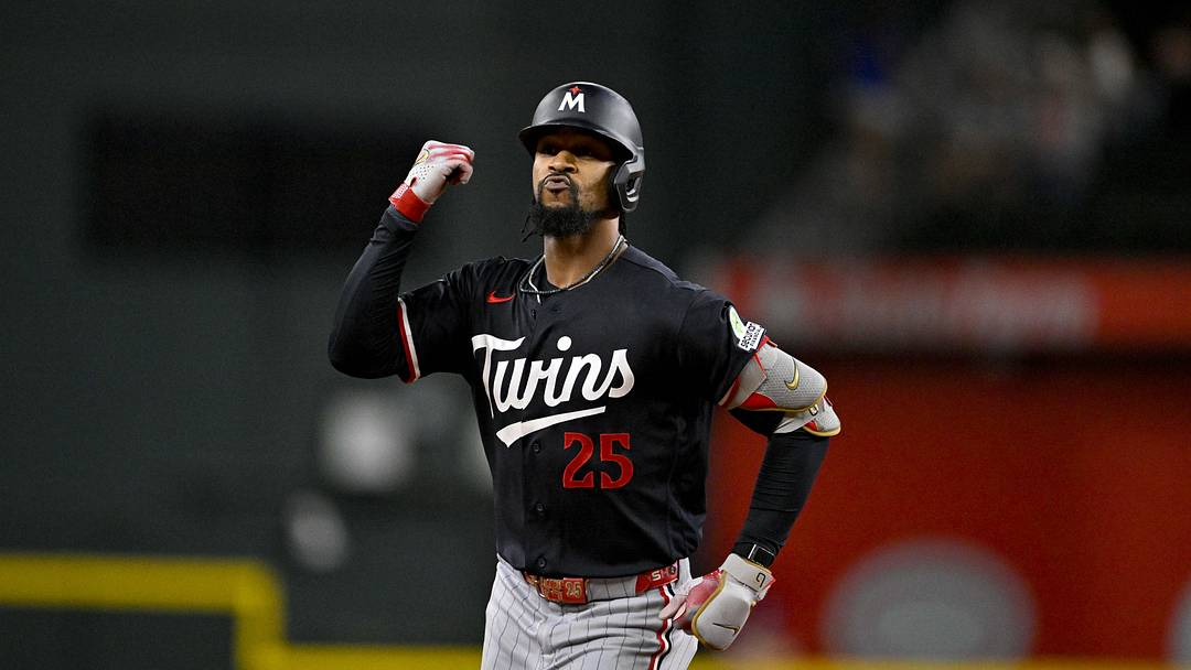 Jun 15, 2026; Arlington, Texas, USA; Minnesota Twins center fielder Byron Buxton (25) rounds the bases after hitting a home run against the Texas Rangers during the sixth inning at Globe Life Field. Mandatory Credit: Jerome Miron-Imagn Images