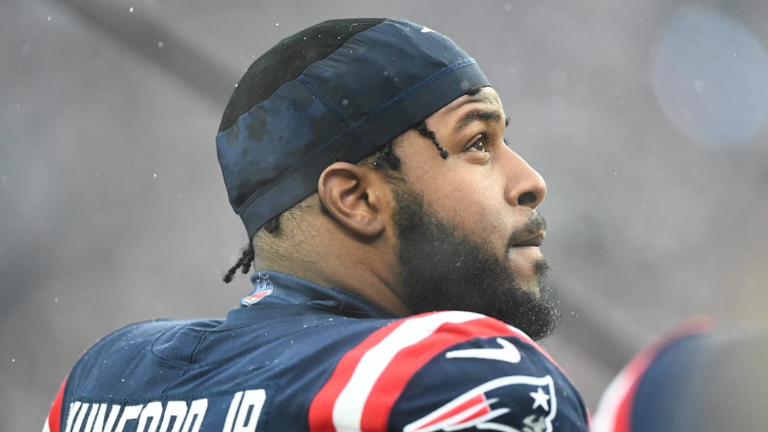 Jan 18, 2026; Foxborough, MA, USA; New England Patriots offensive tackle Thayer Munford Jr. (74) looks on before an AFC Divisional Round game against the Houston Texans at Gillette Stadium. Mandatory Credit: Brian Fluharty-Imagn Images
