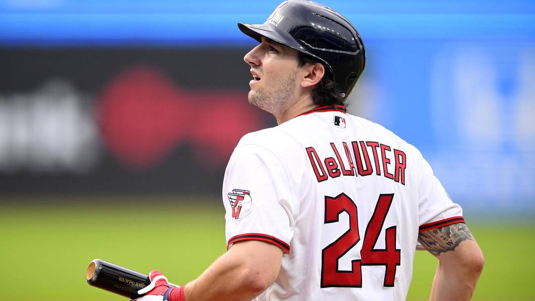 Jun 9, 2026: Cleveland Guardians right fielder Chase DeLauter (24) stands at the plate in the first inning against the New York Yankees at Progressive Field. 