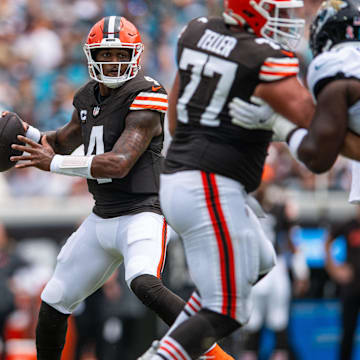 Sep 15, 2024; Jacksonville, Florida, USA; Cleveland Browns quarterback Deshaun Watson (4) drops to throws against the Jacksonville Jaguars in the first quarter at EverBank Stadium. Mandatory Credit: Jeremy Reper-Imagn Images