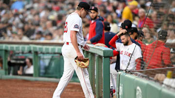 Jun 2, 2025; Boston, Massachusetts, USA; Boston Red Sox pitcher Richard Fitts (80) walks off of the field after the first inning of a game against the Los Angeles Angels at Fenway Park. Mandatory Credit: Brian Fluharty-Imagn Images
