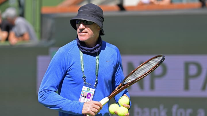 Mar 5, 2024; Indian Wells, CA, USA;  Tennis coach Brad Gilbert looks on during a practice for Coco Gauff (not pictured) during the BNP Paribas Open at the Indian Wells Tennis Garden. Mandatory Credit: Jayne Kamin-Oncea-Imagn Images