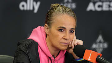 Jul 29, 2025; Los Angeles, California, USA; Las Vegas Aces coach Becky Hammon at a press conference at Crypto.com Arena. Mandatory Credit: Kirby Lee-Imagn Images