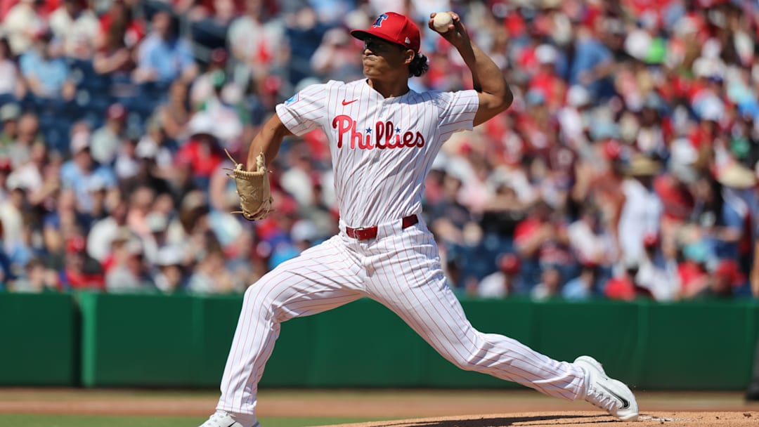 Feb 28, 2025; Clearwater, Florida, USA;  Philadelphia Phillies starting pitcher Jesus Luzardo (44) throws a pitch during the first inning against the Boston Red Sox at BayCare Ballpark. Kim Klement Neitzel-Imagn Images