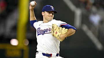 Aug 23, 2025; Arlington, Texas, USA; Texas Rangers starting pitcher Jack Leiter (35) throws the ball during the third inning against the Cleveland Guardians at Globe Life Field. 