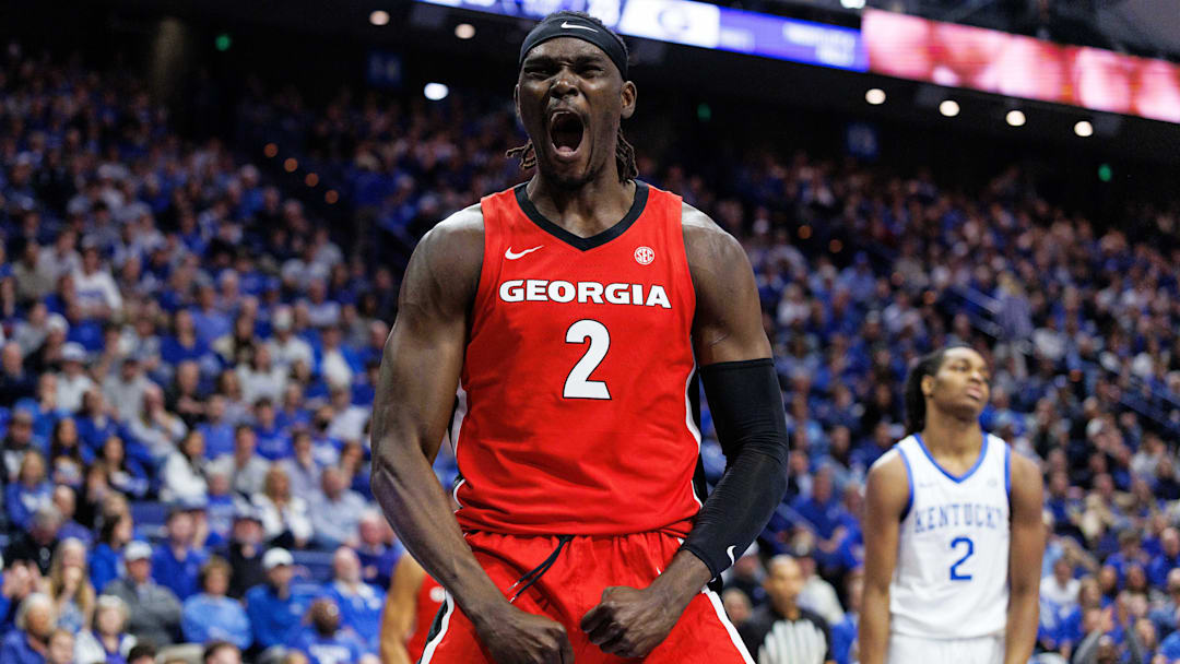 Feb 17, 2026; Lexington, Kentucky, USA; Georgia Bulldogs center Somto Cyril (2) celebrates after dunking the ball during the first half against the Kentucky Wildcats at Rupp Arena at Central Bank Center. Mandatory Credit: Jordan Prather-Imagn Images