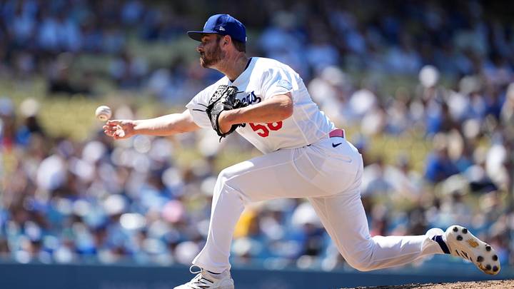 May 10, 2026; Los Angeles, California, USA; Los Angeles Dodgers relief pitcher Wyatt Mills (58) throws in the ninth inning against the Atlanta Braves at Dodger Stadium. Mandatory Credit: Kirby Lee-Imagn Images