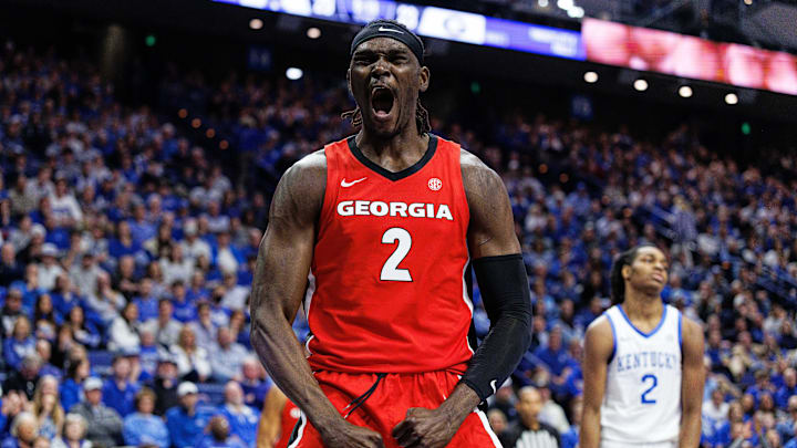 Feb 17, 2026; Lexington, Kentucky, USA; Georgia Bulldogs center Somto Cyril (2) celebrates after dunking the ball during the first half against the Kentucky Wildcats at Rupp Arena at Central Bank Center. Mandatory Credit: Jordan Prather-Imagn Images