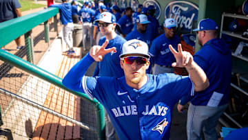 Feb 23, 2025: Toronto Blue Jays Myles Straw (3) showing his excitement for the days match up against the Boston Red Sox at JetBlue Park at Fenway South. 