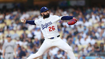 May 30, 2025; Los Angeles, California, USA; Los Angeles Dodgers starting pitcher Tony Gonsolin (26) throws during the first inning against the New York Yankees at Dodger Stadium. Mandatory Credit: Jason Parkhurst-Imagn Images