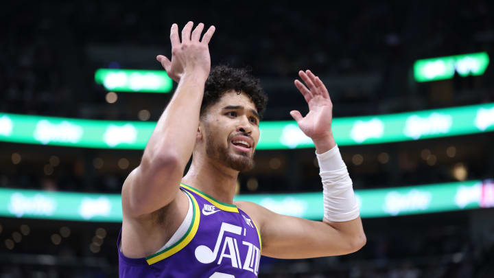 Apr 11, 2024; Salt Lake City, Utah, USA; Utah Jazz guard Johnny Juzang (33) reacts to a play against the Houston Rockets during the third quarter at Delta Center. Mandatory Credit: Rob Gray-USA TODAY Sports