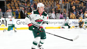 Apr 20, 2025; Las Vegas, Nevada, USA; Minnesota Wild left wing Kirill Kaprizov (97) warms up before game one of the first round of the 2025 Stanley Cup Playoffs against the Vegas Golden Knights at T-Mobile Arena. Mandatory Credit: Stephen R. Sylvanie-Imagn Images