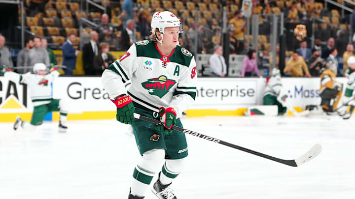 Apr 20, 2025; Las Vegas, Nevada, USA; Minnesota Wild left wing Kirill Kaprizov (97) warms up before game one of the first round of the 2025 Stanley Cup Playoffs against the Vegas Golden Knights at T-Mobile Arena. Mandatory Credit: Stephen R. Sylvanie-Imagn Images